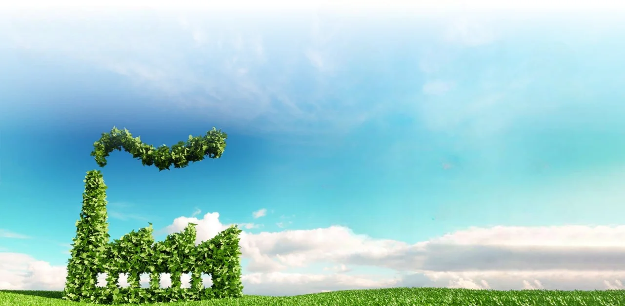 Green factory silhouette made of plants against blue sky