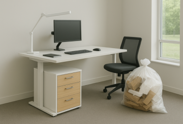 Office desk with a bag of waste materials, representing circular design and waste return.