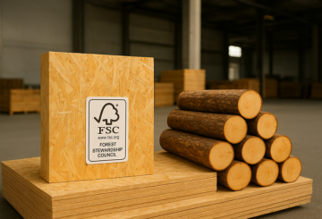Wooden boards and logs with an FSC certification sticker, representing recycled content and local sourcing.