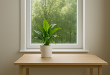 Potted plant on a desk next to a window, representing low-VOC finishes and natural daylight.